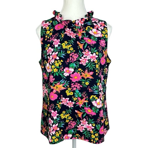 J.Crew Factory Women's Black Floral Ruffle Neck Sleeveless Career  Top S/C39 - Picture 1 of 13